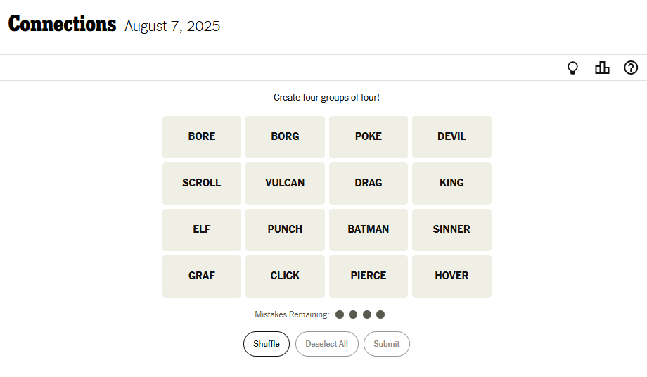 NYT Connections Today For August 7, 2025, Word List